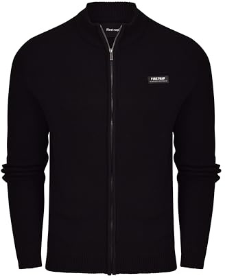 Firetrap Mens Designer Full Zip Cardigan Jumper Zip Up Thick Winter Cotton Sweater Plain Heavyweight Knitwear for Men Zip-Thru Cardigans in Black Grey Blue