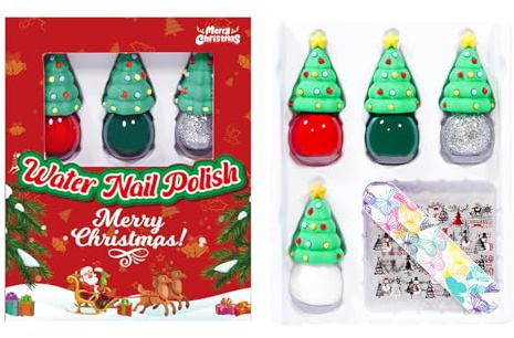Christmas Nail Polish Sets - Nail Varnish Set with 4 Color (Red Green White Silver ) and 3 DIY Nail Stickers - Peel off Nail Polish, Quick Dry Girls Nail Polish Set