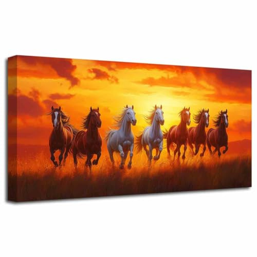 LZIMU Pferde 7 Weiße Pferde rennen Bild Wildtiermalerei Sonnenaufgang Wildtiere Leinwanddrucke Sonnenuntergang Naturlandschaft Poster Modernes Kunstwerk WohnDekor (Rot, (30L x 60B cm))