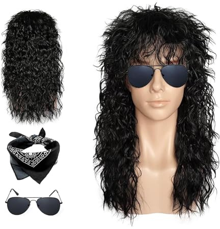 VBNZBK Rocker disco party kostym män peruk svarta lockar