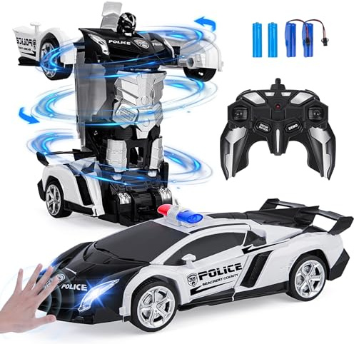 Kazzley Macchina Telecomandata per Bambini, 2 in 1 Trasformabile Robot Giocattolo con Controllo Gestuale, 2.4Ghz＆360° Rotazione Polizia Macchina Radiocomandata Giochi Regalo Bambino 4 5 6 7 8 Anni