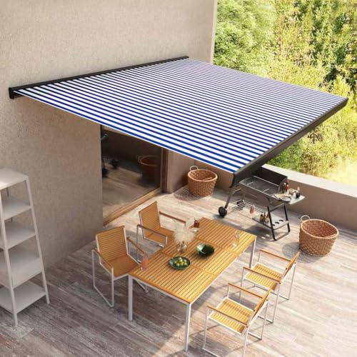 Motorisierte Kassetten-Markise 350x250 cm Blau Weiß mit Alurahmen und Polyestergewebe für Terrasse und Balkon