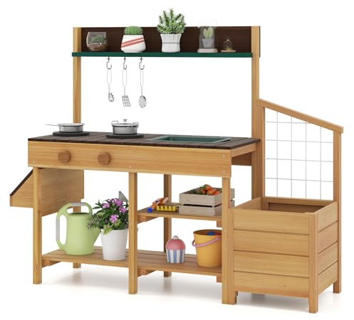 COSTWAY Mud Kitchen, Wooden Kids Play Kitchen with Removable Sink, Stoves, Planter Boxes, Trellis & Cooking Accessories, Outdoor Pretend Kitchen Playset for Boys Girls Ages 3-8 (Natural + Brown)