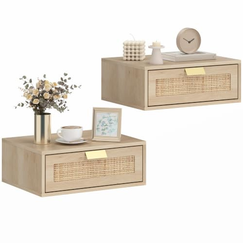 HOMCOM Lot de 2 Tables de Chevet Murales avec Tiroir 40 x 30 x 15 cm Chêne | Tables de Nuit Suspendues, Effet Rotin, Style Bohème, pour Chambre à Coucher