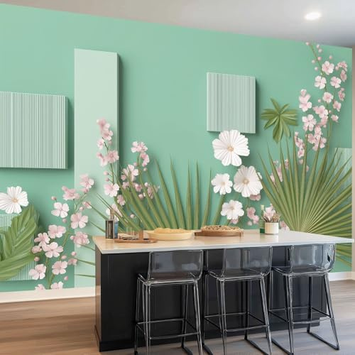 Papel Tapiz Fotográfico Plantas 3D Geométrico Hojas De Palma - 200 x 140 cm Papel Pintado Panorámico para Salón Oficina Decoración, Verde Pálido Papel Pintado no tejido Murales Decoración De Pared
