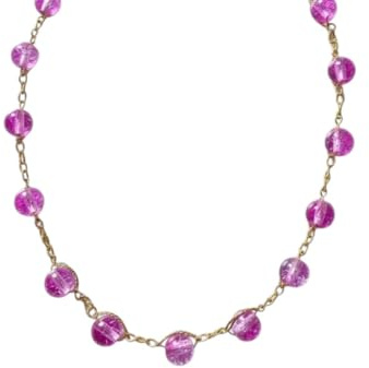 Collana girocollo artigianale fatta a mano, lavorata all'uncinetto con filato prezioso Lurex e cristalli Sfera di luce in vetro Rosa/Lilla, chiusura moschettone anallergico - Idea regalo. Pezzo unico.