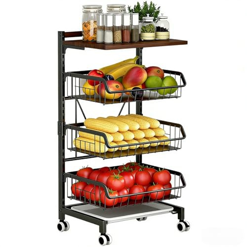 Metal Wire Adjustable Fruit Vegetable Basket on Wheels, 4-Tier Rolling Kitchen Utility Cart Storage Organizer with Wooden Top, Heavy Duty Steel Frame with Lockable Casters