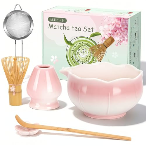 TECHMUR Matcha Besen Set, Matcha Set Rosa - Matcha Schale mit Ausgießer, Bambus Matcha Besen, Besenhalter, Sieb, Löffel und Halter, Japanisches Matcha Kit für Matcha-Liebhaber (Rosa)