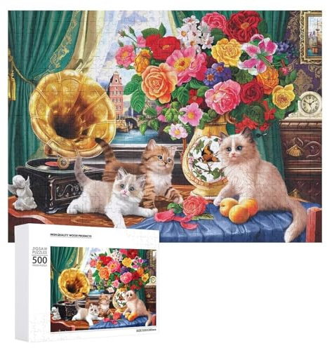 500 PCS Jigsaw Puzzles for Teenagerss Vintage Gramophone with Cats Adult Puzzles Hands-on Game Hand Speed Race Fun at Home Activities, 500 PCS