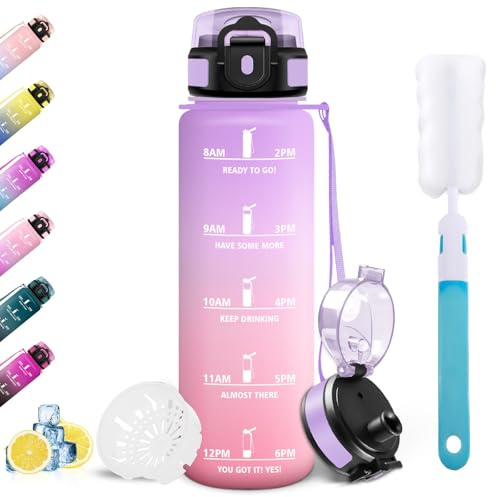 Mulbijeo Trinkflasche Sport, Auslaufsicher 1L, Motivierende mit Zeitmarkierung, Wasserflasche, Sportflasche, Trinkflasche Kohlensäure Geeignet, für Schule, Fitness, Outdoor