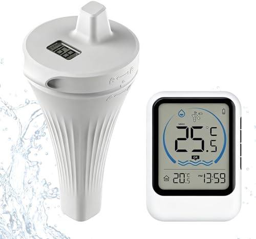 Pool Thermometer Funk, Poolthermometer Digital Funk, mit Außensensor | Schwimmendes Pool Thermometer mit IP68 Wasserdicht, Basisstation für Innenraum mit Temperatur & Uhrzeit, für Teich Whirlpool