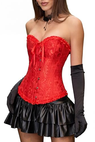 Szivyshi Överbystkorsett med ”sweetheart”-urringning, snörning, plastskenor, bustier, topp, Röd, S