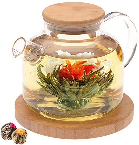 Teabloom Stovetop Safe Glass Teapot with Bamboo Lid (40oz/1200ml) + Loose Leaf Tea Filter Spout + 2 Blooming Teas + Large Bamboo Trivet - Natural Flowering Tea Gift Set