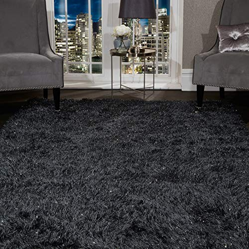 SHAGGY RUG Super Plush Extra Large Rugs Living Room with SHIMMERING SPARKLE GLITTER STRANDS Fluffy 55mm Thick Pile Height Modern Area Rugs - (Charcoal Black, 240cm x 340cm (7.9ft x 11.2ft))