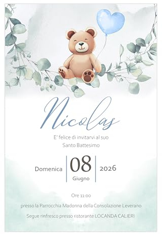CESANA LIKE PHOTO Inviti battesimo orsetto - partecipazioni battesimo bimbo azzurro 10 biglietti 12x18 centimetri