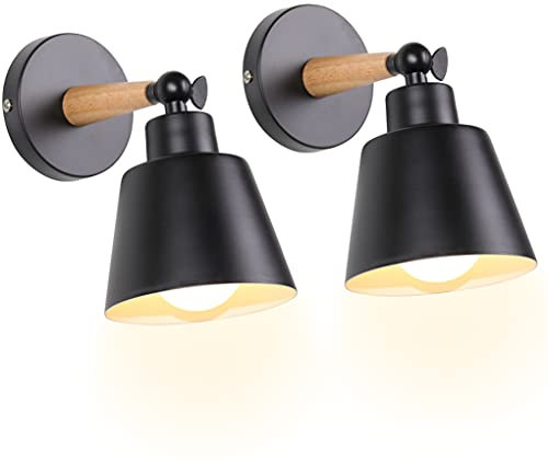 TOKIUS 2 Piezas Aplique de Pared Moderno, Lámparas de Pared para Dormitorio E27 Iluminación Interior Luz de Pared Simple en Madera y Metal Ajustable Lámparas para Salón Pasillo (Negro)