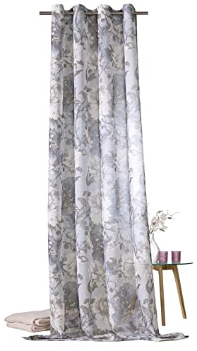 heimtexland ® Ösenschal Gardine Aquarell Blumen Blau Natur Leinen Halbtransparent HxB 245x135 Modern Landhaus Vorhang Typ761