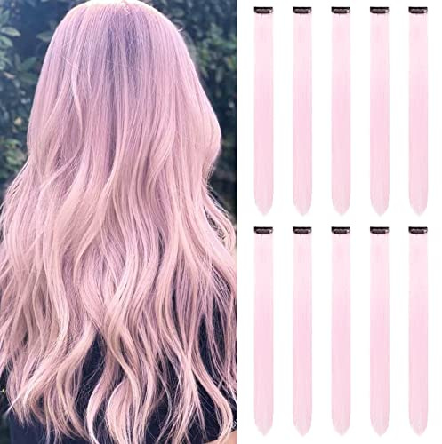 Bunte Haar-Extension-Clips für Mädchen, 55 cm, glatt, Party-Highlights, Haar-Accessoire, Haarteile für Damen, 10 Stück, Rosa