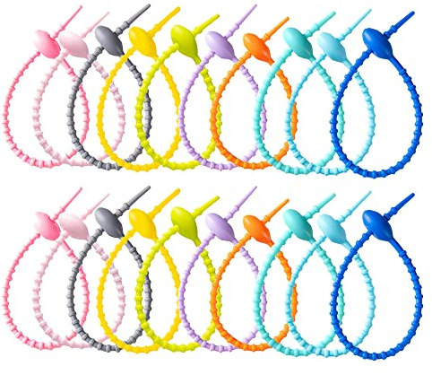 BIGEBO 20 PCS Colorful Silicone Cable Ties, Reusable Rubber Twist Tie Bag Clip Bread Tie Zip Ties Adjustable Cable Cord Wraps Management Organizer