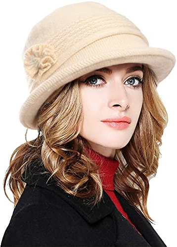CheChury Bérets Chapeaux Melon Femme Hiver Femme Fleur élégante Laine Chaud Rétro Casquette Simple Beret Bonnets Cloche Chapeau Chapeau de Dôme,Beige