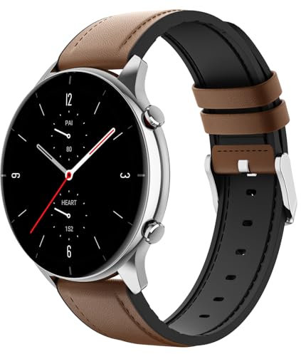 MoKo Correa Compatible con Amazfit Balance/Bip 5/GTR 2/2e/3/3 Pro/4/GTR 47mm/Cheetah Round/Pro/Stratos 2/3, 22mm Pulsera Deportiva de Repuesto de Cuero y Silicona Híbrido para Hombre Mujer, Marrón