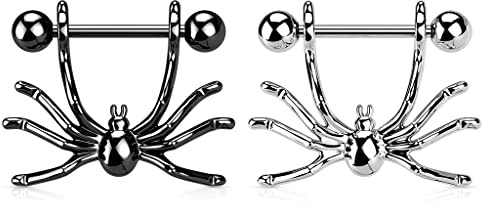 beyoutifulthings Brustwarzen-piercing Hängende Spinne Schwarz Silber Brust-piercing Nippel-piercing Intim-piercing Chirurgenstahl Stab 16-mm