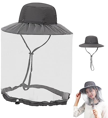 Mosquito nethatt, bred grimsolhatt med huvudnät, andningsbar sommar hink hatt, bihållare hatt med justerbart rep för kvinnor män utomhus vandring trädgårdsarbete (grå)
