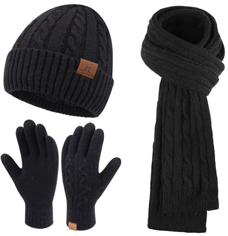 ZASFOU Damen Winter Mütze Schal Touchscreen Handschuhe Set Thermo Strickmütze Beanie Wintermütze Schals Winterschal Winterhandschuhe Geschenk für Frauen