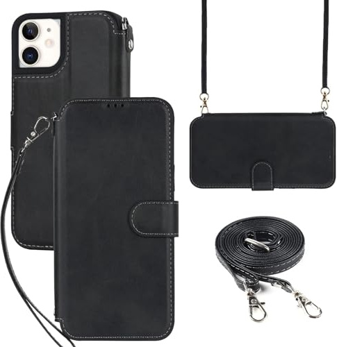 ELTEKER Hülle für iPhone 12/12 Pro Handyhülle mit Band Crossbody Strap, Klapphülle mit dem Verstellbaren Umhängeband - Schwarz
