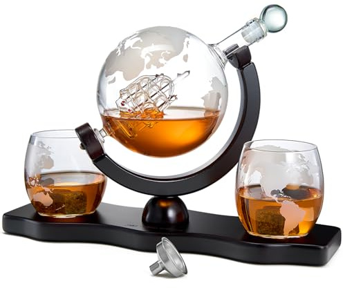The Wine Savant Whisky- und Weindekanter Globe World-Set mit Globe-Gläsern, Jahrestag, Geburtstag, Einweihung für Likör, Scotch, Bourbon, Wodka, Geschenk für Ihn, Ehemann, Geschenke Globe – 850 ml