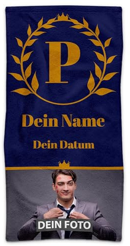 Print Royal PR Badetuch personalisiert mit Foto, Name und Datum - Personalisiertes Badetuch Bedrucken - Individuelles Geschenk für Männer zum Geburtstag, Valentinstag| 140 x 70 cm, blau