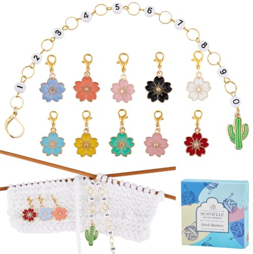 SUNNYCLUE 1 Box 11Pcs Knitting Markers Locking Stitch Marker Crochet Markers Enamel Flower Crochet Stitch Markers Number 0-9 Knitting Row Counter Chains for Knitting Weaving Sewing Accessories