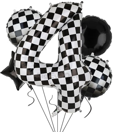XXL Checkered Zahl 4 Folienballons Schwarz Weiß Rennauto Ballon 5 Stück Mylar Helium Zahlen 4 Rennwagen Autos Luftballon Party Deko Geburtstags Race Car Theme 100cm
