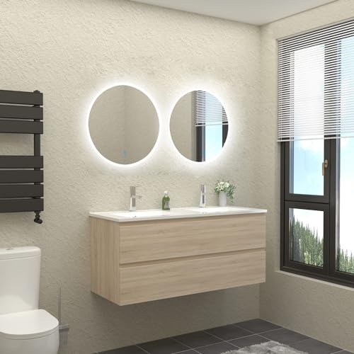 HAPAOSO Ensemble Meubles Salle de Bain avec Double Vasque + 120 cm Meuble sous Vasque Couleur chêne（Double Porte Ouverte）+Miroir Rond LED 60cm