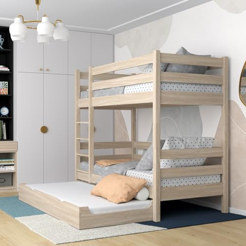 N-wood N01 Etagenbett mit Ausziehbett, Hochbett 80x180 cm, aus Eichenholz, 2 getrennten Betten Funktion, Stabile, inklusive Lattenrost, Skandinavischer Stil, gebleichtes Eichenholz