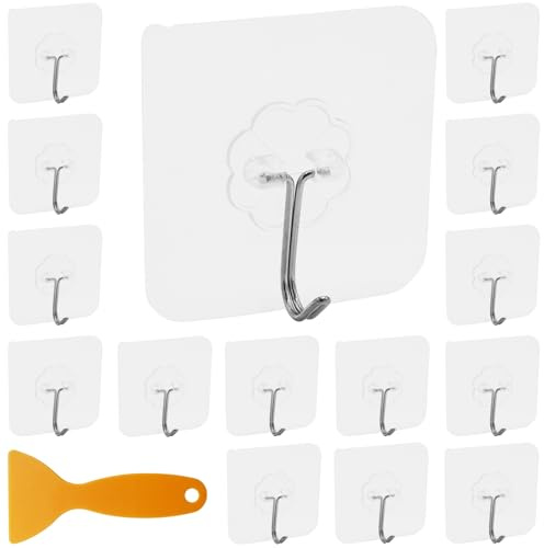 EASYKEENECOM 32 Stücke Klebehaken mit Schaber, Transparent Selbstklebende Haken Ohne Bohren, wasserdichter Klebehaken, Edelstahl Handtuchhaken für Küche Bad Wand Decke Büro Aufhänger, Max 20kg