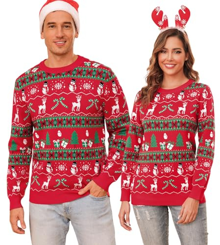 Totatuit Maglione Natalizio Donna Uomo a Maniche Lunghe Maglioni Natale per Coppia Felpa Lavorata a Maglia Invernale Pullover Famiglia con Pupazzo di Neve con Renna