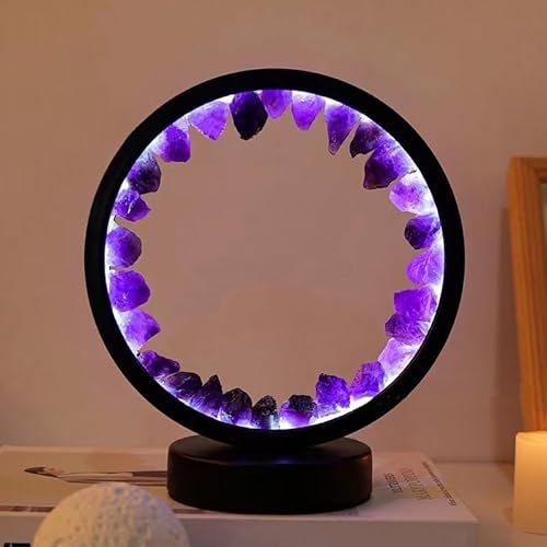 Lsunny Natural Crystal Lamp, drei Lichtmodi, einstellbare Helligkeit, Stromversorgung über USB-Anschluss (Schwarz Runder Dunkler Amethyst)