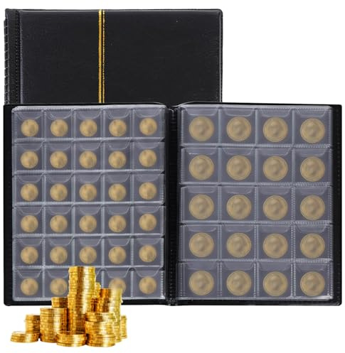 Álbum de monedas de 250 bolsillos, 21,8 x 16,8 cm, álbum de colección de monedas, 10 páginas, encuadernación de cuero, soporte para monedas, sellos, monedas de recuerdo, medallas, insignias