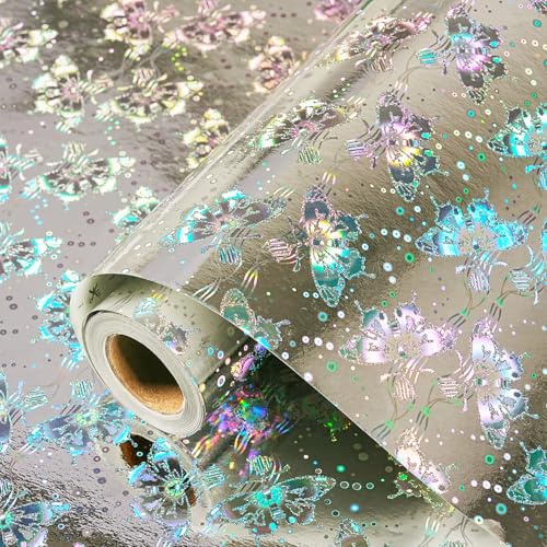 Silber Holografisches Geschenkpapier, Schmetterling Geschenkpapier Rolle für Frauen Männer, Bunte Metallic Folie Geschenkpapierrolle für Geburtstag, Valentinstag, Hochzeit, 43CM X 10M