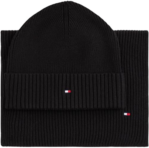 Tommy Hilfiger Coffret Cadeau Homme Flag Écharpe et Bonnet, Noir (Black), Taille Unique