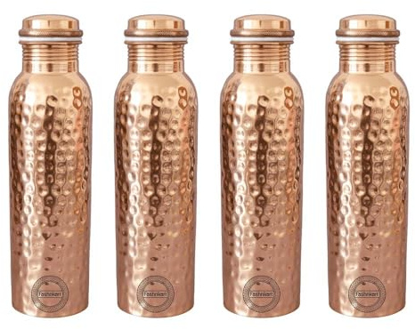 Fashnkart Bouteille d'eau en cuivre pur martelé 34 oz Design anti-fuite Pichet Ayurveda Santé pour Fitness Sports Yoga 1000 ml Lot de 4