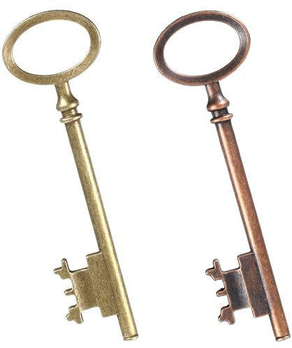 Skeleton Key 2-Pack Complex Key Replacement Hollow Barrel Skeleton Keys Mixed Antique Style Alloy for Antique Dresser Chinese Cabinet Antiques Furniture and Locks Halloween Prop- Bronze