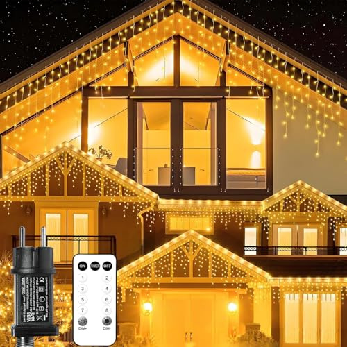 Anmossi Luci Natale Esterno Cascata,12m 400 LED Luci di Natale Forma Ghiacciol con Telecomando,8 Modalità,Tenda Luminosa Esterno Impermeabile per Decorazione Tetto Garden Wedding Party,Bianco Caldo