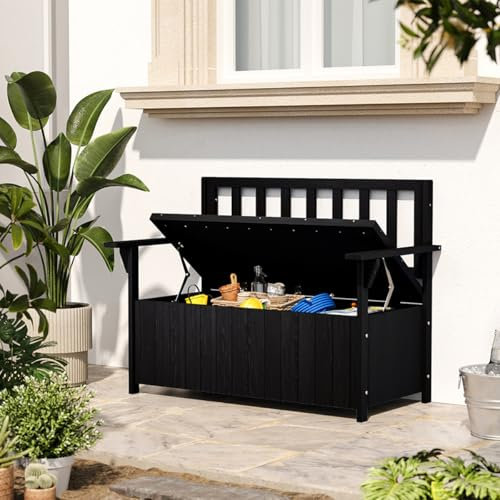 Warmiehomy Garden Storage Bench Wooden Garden Bench with Storage Box 2-Seater Loveseat with 135L Box Outdoor Furniture Storage Benches for Patio, Balcony, Backyard, Black