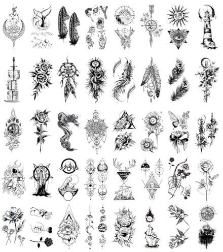 MKEAWWU 40 Hojas Tatuajes Temporales, Negro Tatuajes Falsos,Tatuajes Temporales Adultos, Tattoo Temporal Para Niños Adultos Hombres Y Mujeres
