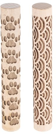 sourcing map Lot de 2 rouleaux à pâte à modeler en bois de 10,2 cm, motif empreintes de pattes d'eau, outils de poterie, rouleaux de texture de grain de bois pour argile, pâte à modeler, pâte à