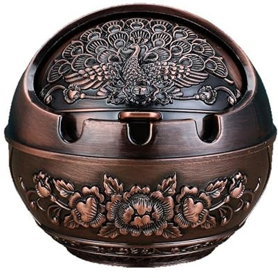 Vintage Egyptian-Themed Metal Ashtray with Lid - Portable Decorative interior and outdoor decoration gifts and boyfriend decorations (Red Copper Peacock)