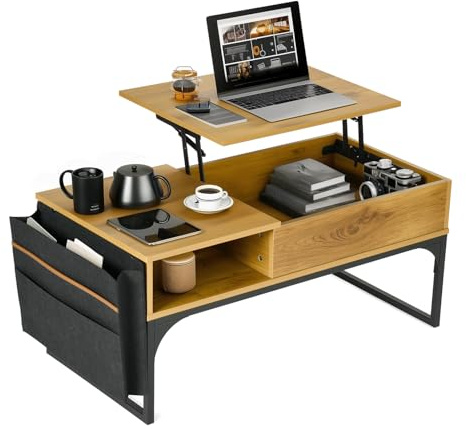 MEUBLE COSY Tavolino da Caffè Sollevabile e Allungabile Tavolini da Salotto Divano Tavolo con Spazio Interno e Scomparto Aperto Borsa Portaoggetti per Soggiorno, Marrone Chiaro, 100x50x45cm