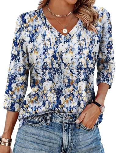 WIHOLL Tops for Women 3/4 Length Sleeve V Neck Casual Tunic Ladies Tops Basic Shirts Loose Fit Blouse Floral Blue Beige Size 18-20